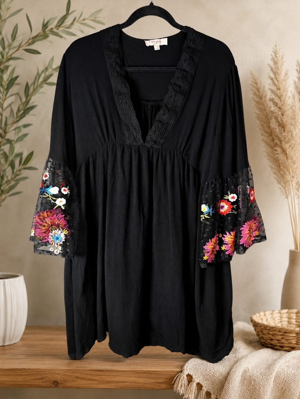Umgee 2XL Black Boho Floral Bell Sleeve Dress